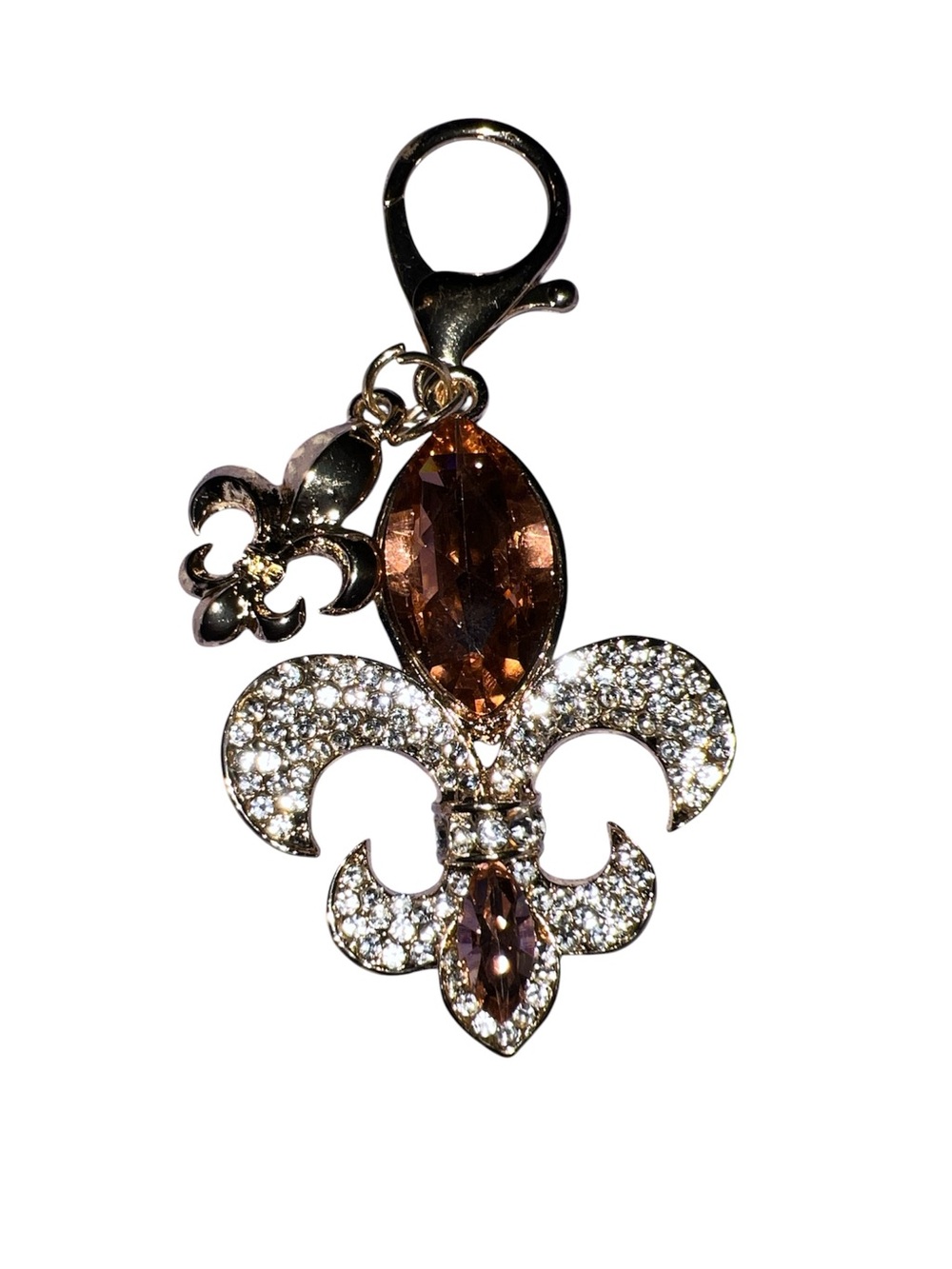 Crystal Fleur-de-Lis Charm Pendant in Brown and Gold Keychain